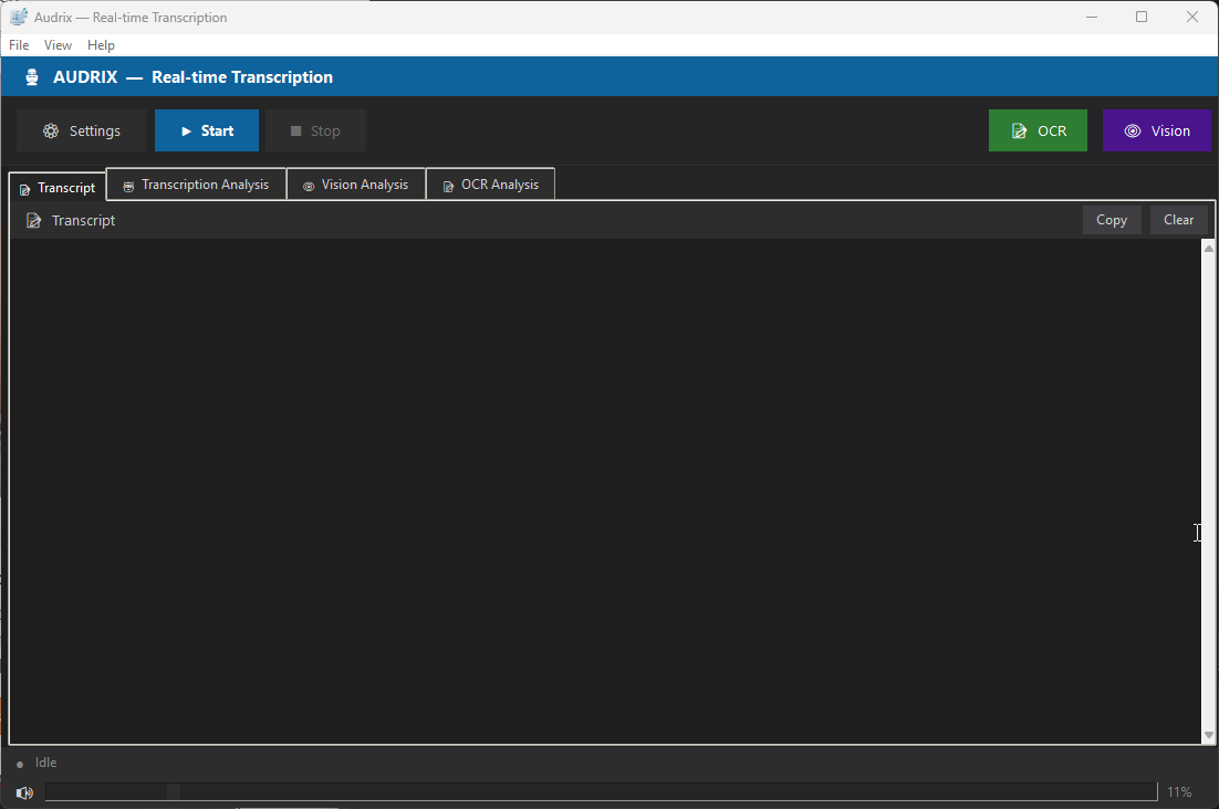 Audrix main interface showing real-time transcription and system audio capture