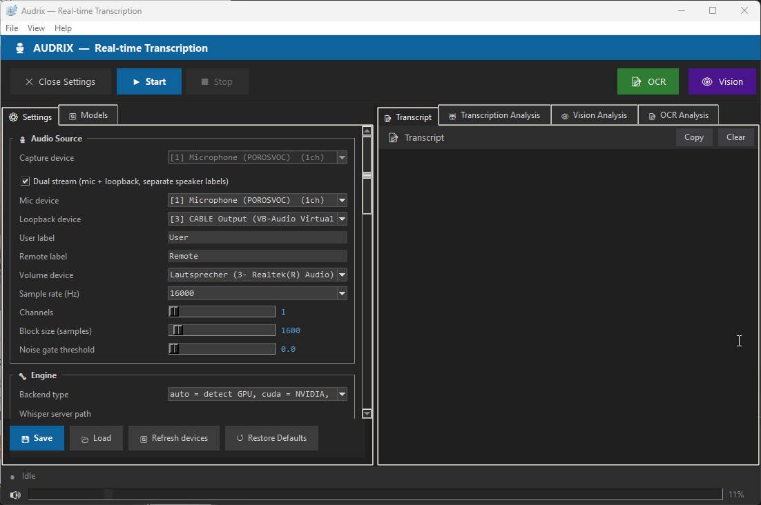Audrix settings and backend configuration