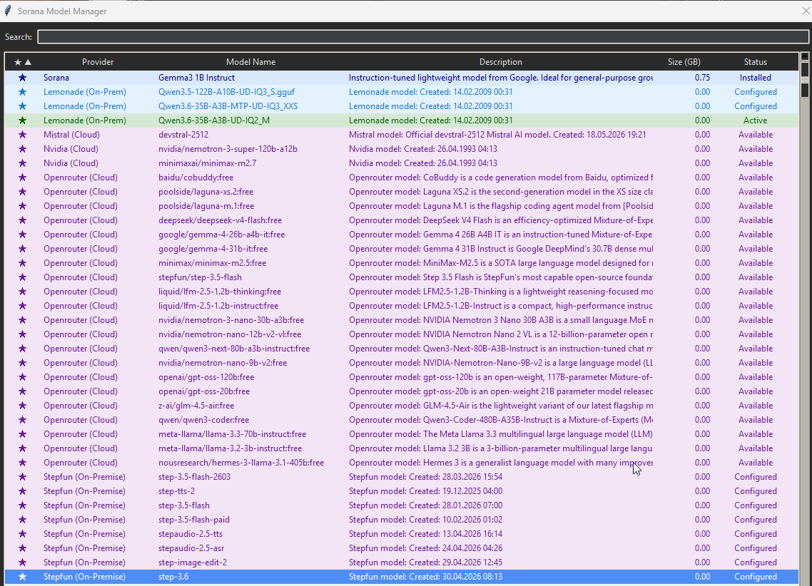 Sorana Model Manager showing 50+ free AI models from OpenRouter, Nvidia, Mistral, Stepfun and more