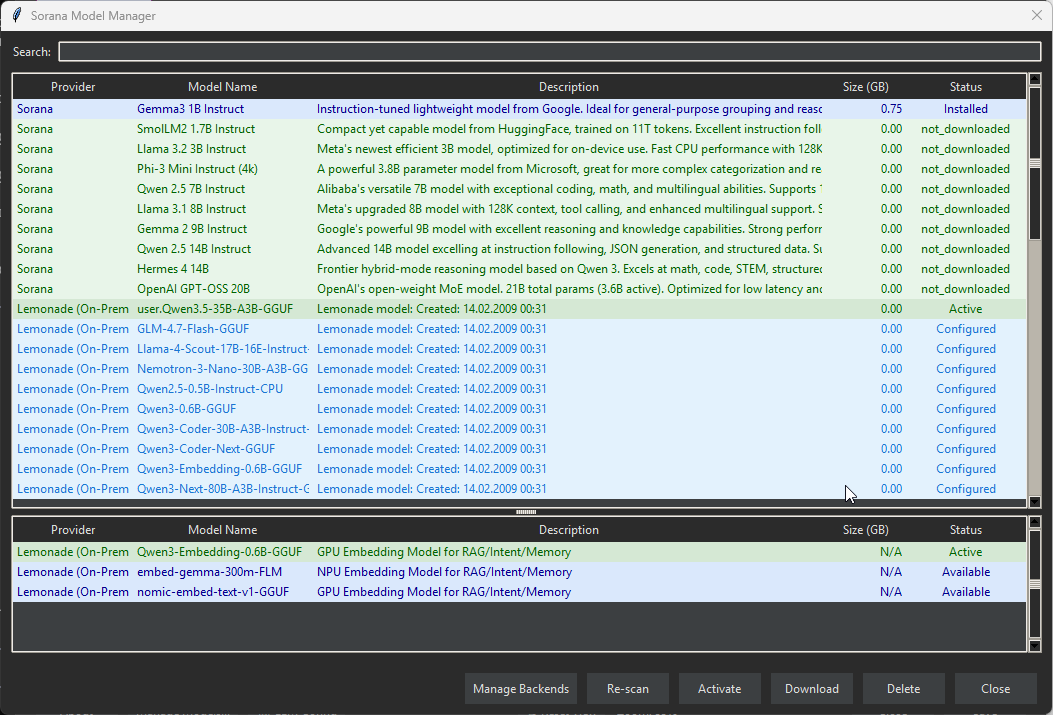 Sorana Model Manager Screenshot