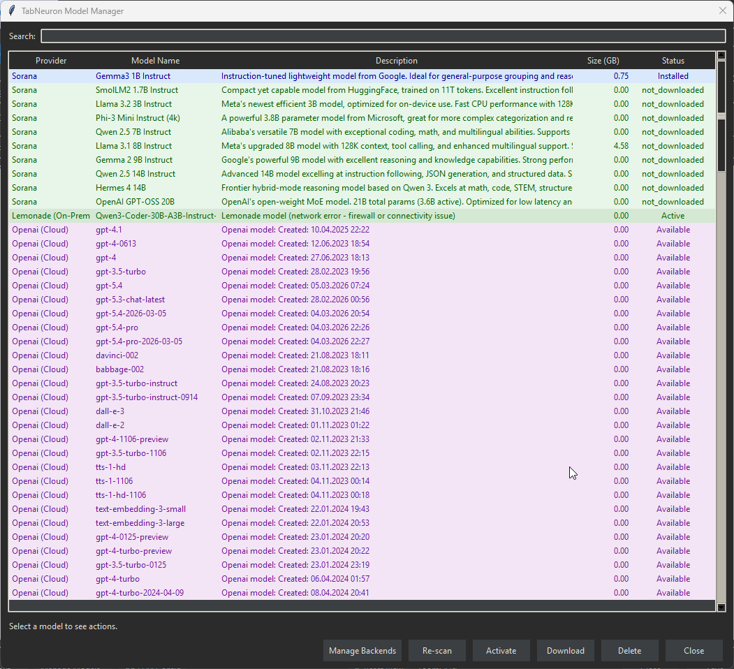 TabNeuron Model Manager Interface